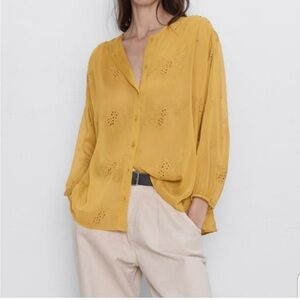 Zara Boho Semi Sheer Botton DownMustard Blouse NWT